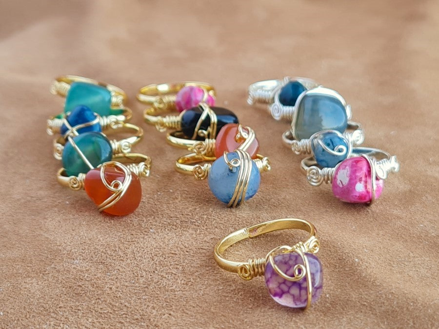 Handcrafted Natural Stone Ring Collection – Gold- Mat Silver-Polish Silver Plated Copper