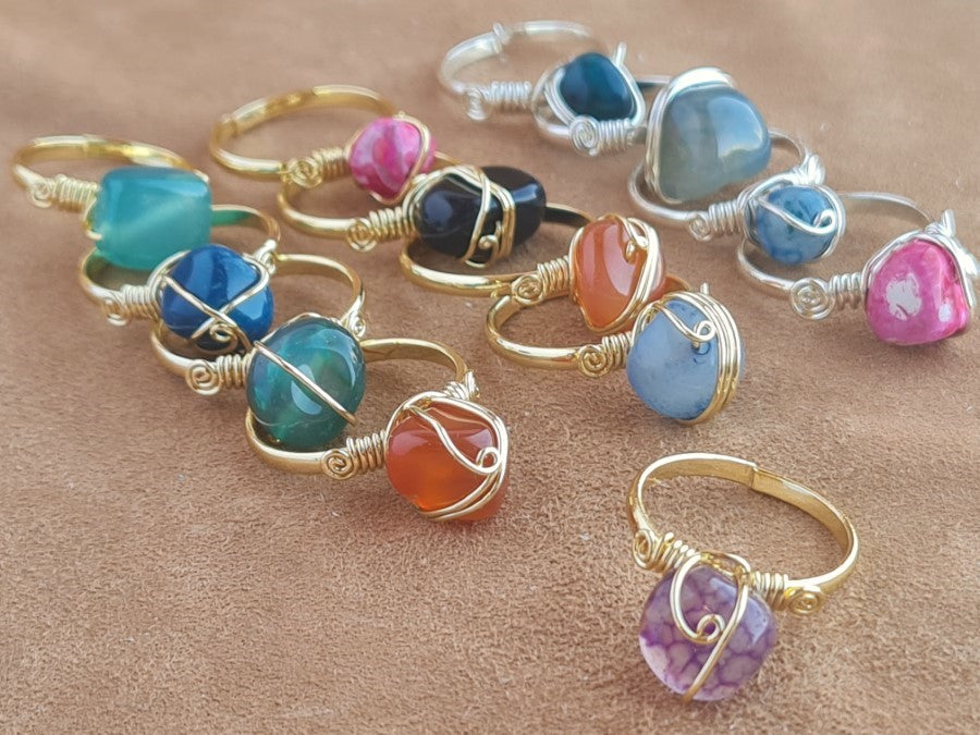 Handcrafted Natural Stone Ring Collection – Gold- Mat Silver-Polish Silver Plated Copper