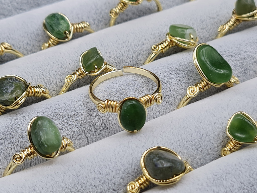 Handcrafted Jade Stone Copper Ring – Gold, Polish Silver & Matte Silver Finish (R-491)