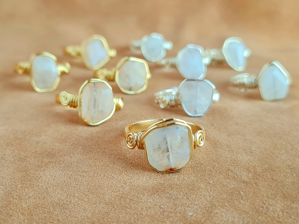 Handcrafted Natural Moon Stone Ring Collection – Gold- Mat Silver-Polish Silver Plated Copper