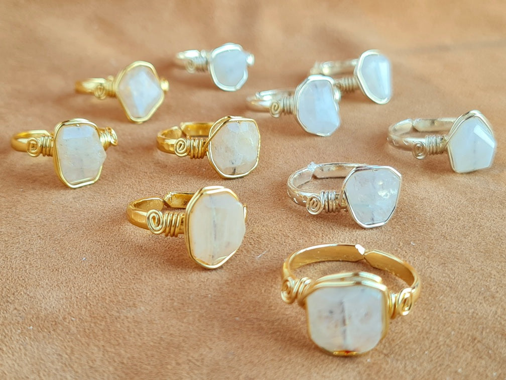 Handcrafted Natural Moon Stone Ring Collection – Gold- Mat Silver-Polish Silver Plated Copper