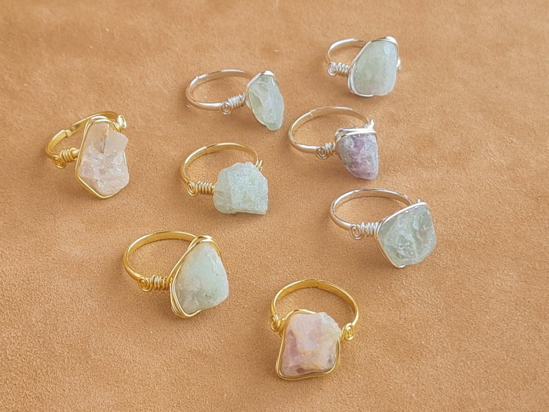 Handcrafted Natural FLUORiTE Stone Ring Collection – Gold- Mat Silver-Polish Silver Plated Copper
