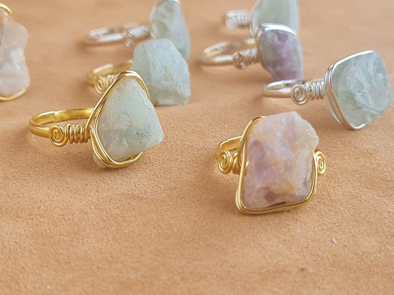 Handcrafted Natural FLUORiTE Stone Ring Collection – Gold- Mat Silver-Polish Silver Plated Copper