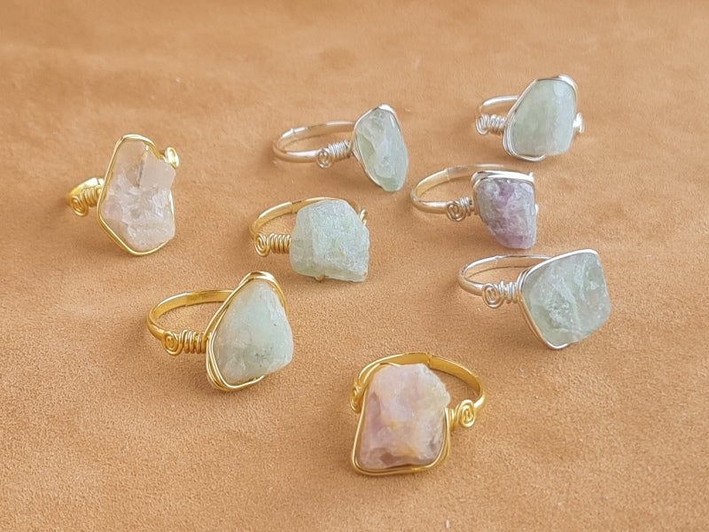 Handcrafted Natural FLUORiTE Stone Ring Collection – Gold- Mat Silver-Polish Silver Plated Copper