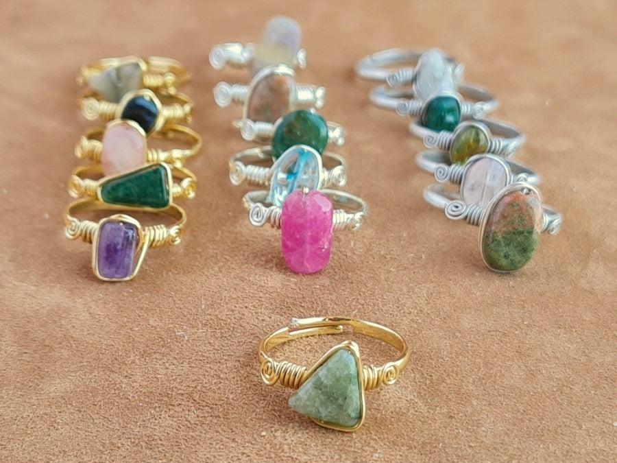 Handcrafted Natural Stone Ring Collection – Gold- Mat Silver-Polish Silver Plated Copper