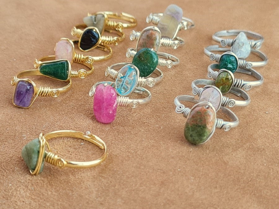 Handcrafted Natural Stone Ring Collection – Gold- Mat Silver-Polish Silver Plated Copper