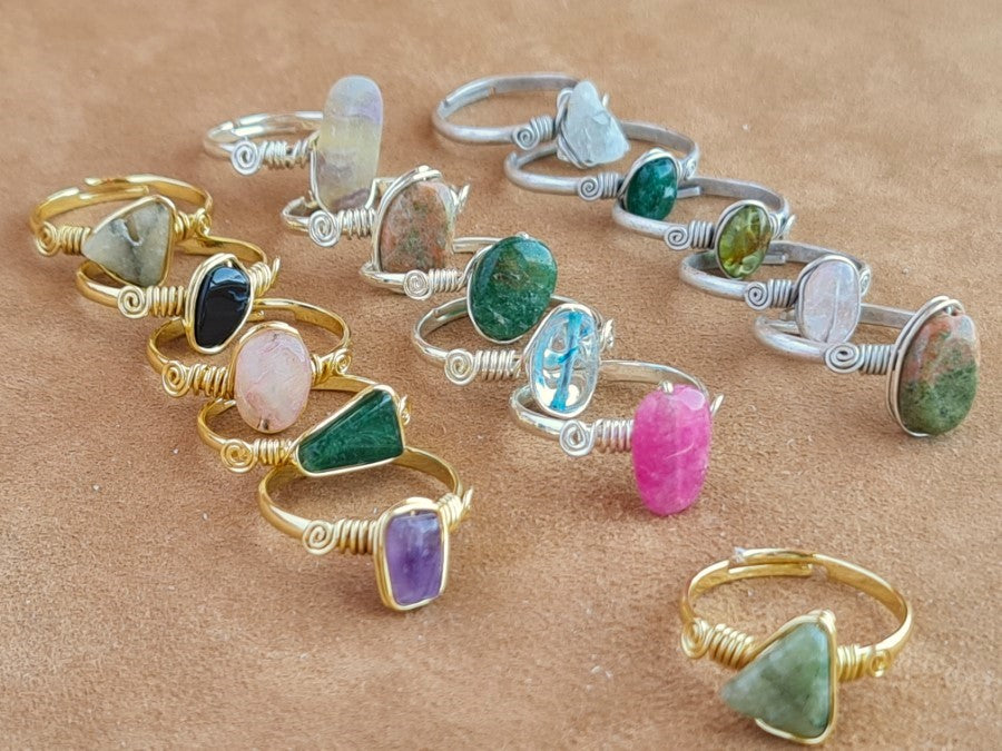 Handcrafted Natural Stone Ring Collection – Gold- Mat Silver-Polish Silver Plated Copper