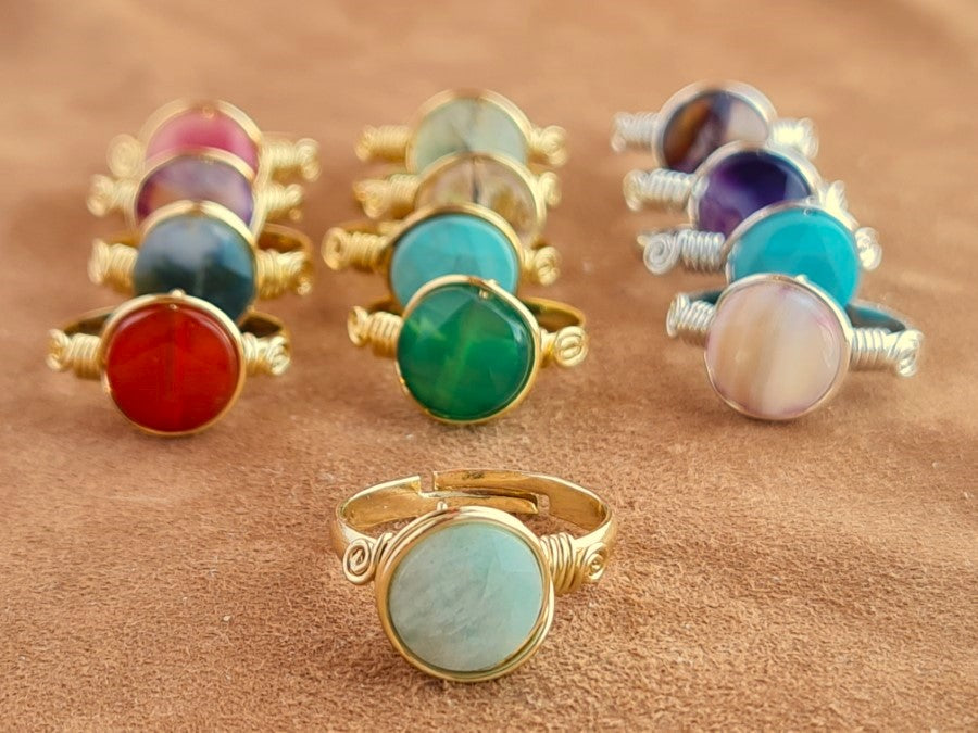 Handcrafted Natural Stone Ring Collection – Gold - Silver Plated Copper R-670