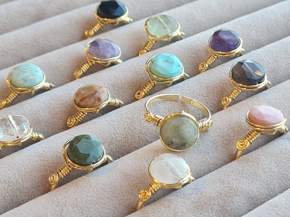 Handcrafted Natural Stone Ring Collection – Gold - Silver Plated Copper R-670