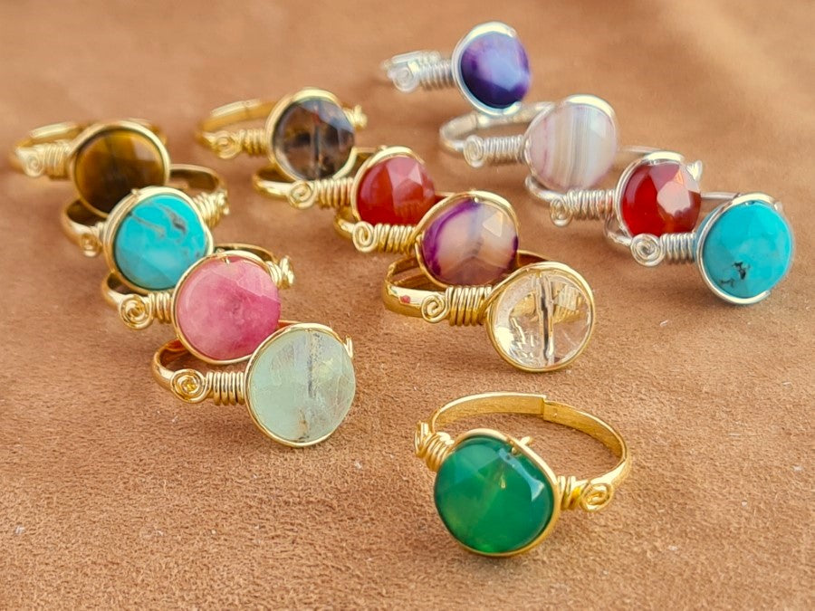 Handcrafted Natural Stone Ring Collection – Gold - Silver Plated Copper R-670