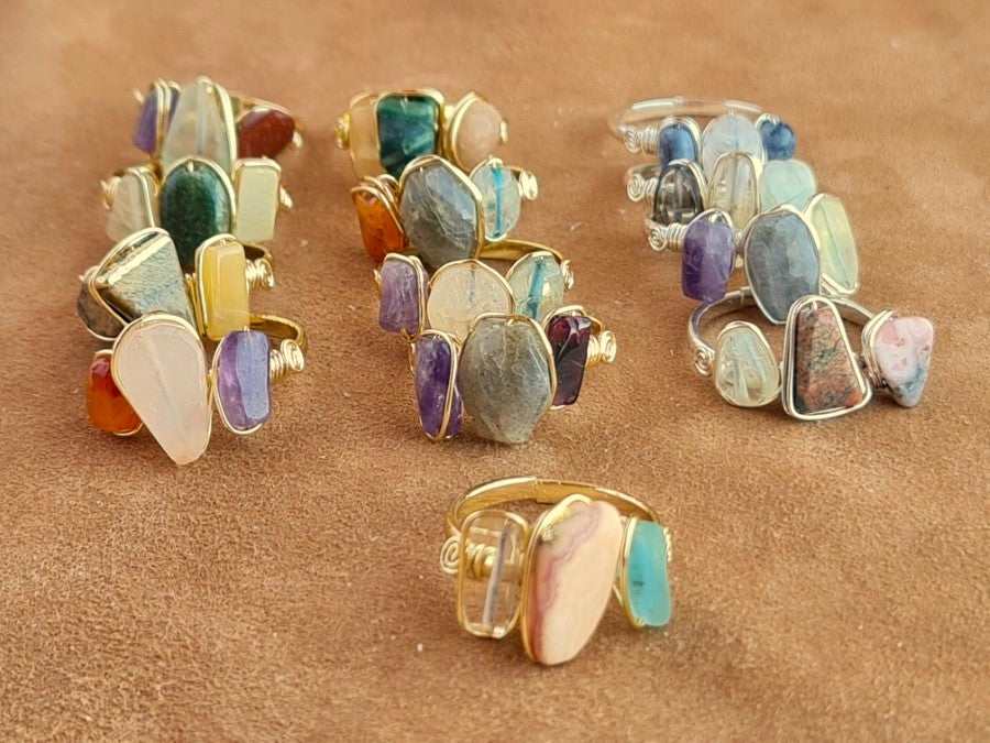 Handcrafted Natural Stone Ring Collection – Gold - Silver Plated Copper R-693