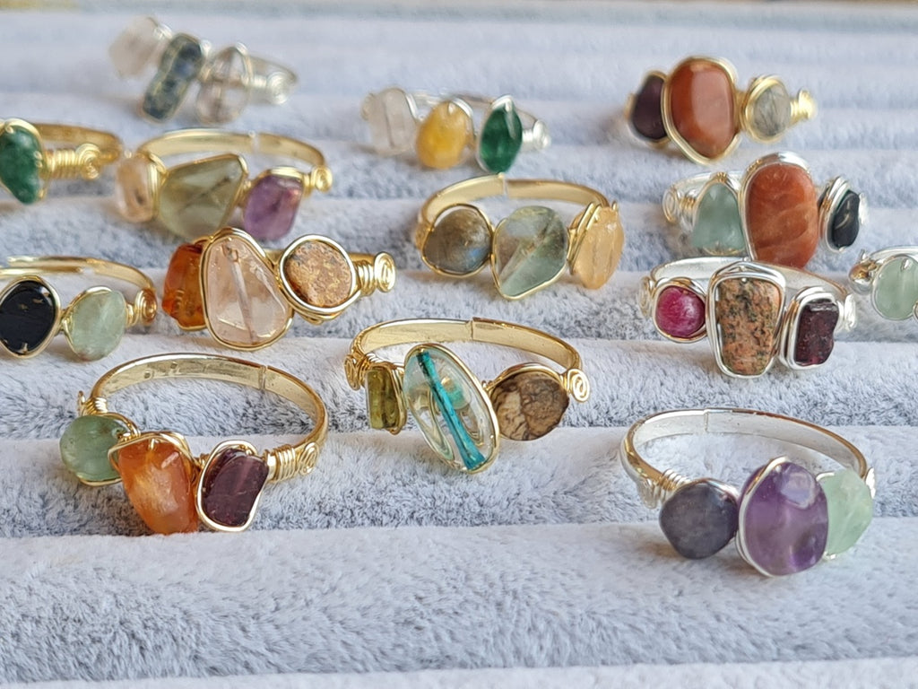 Handcrafted Natural Stone Ring Collection – Gold - Silver Plated Copper R-693