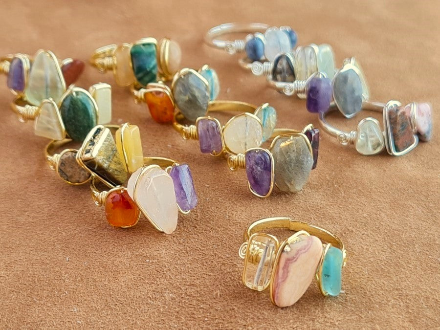 Handcrafted Natural Stone Ring Collection – Gold - Silver Plated Copper R-693