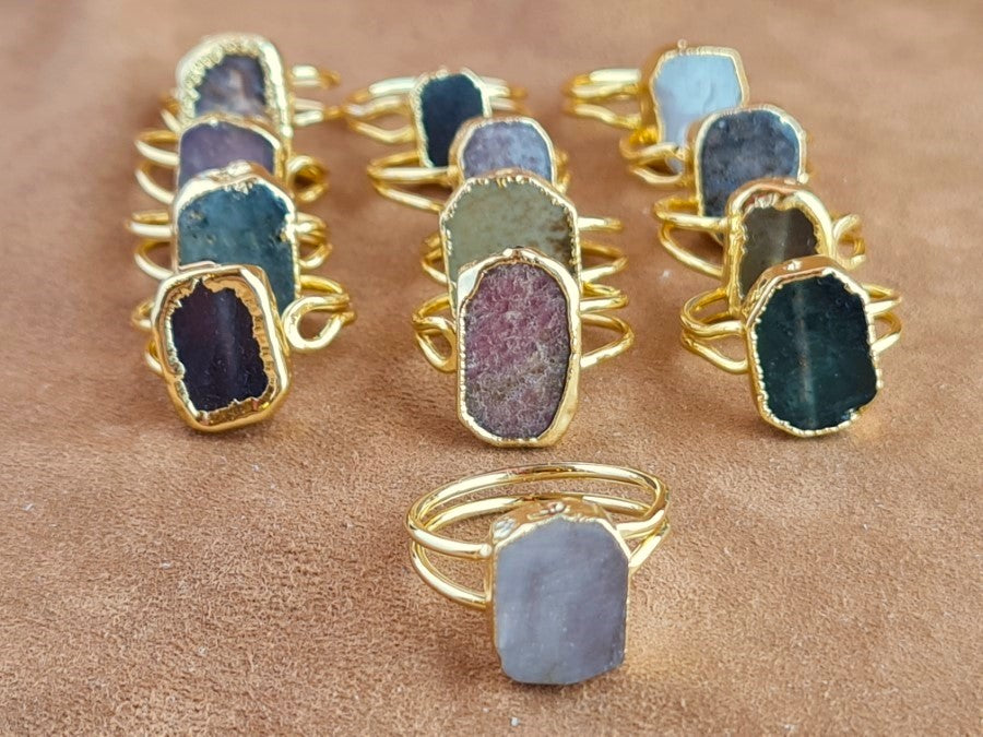 Handcrafted Natural Stone Ring Collection – Gold - Silver Plated Copper R-691