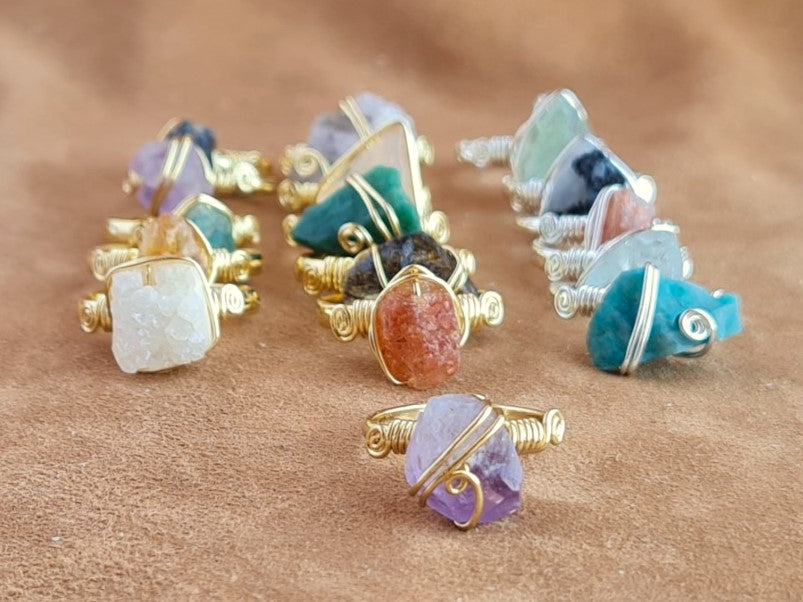 Handcrafted Natural Stone Ring Collection – Gold- Mat Silver-Polish Silver Plated Copper