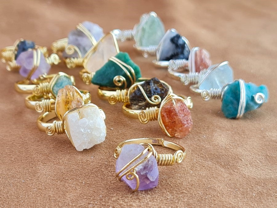 Handcrafted Natural Stone Ring Collection – Gold- Mat Silver-Polish Silver Plated Copper