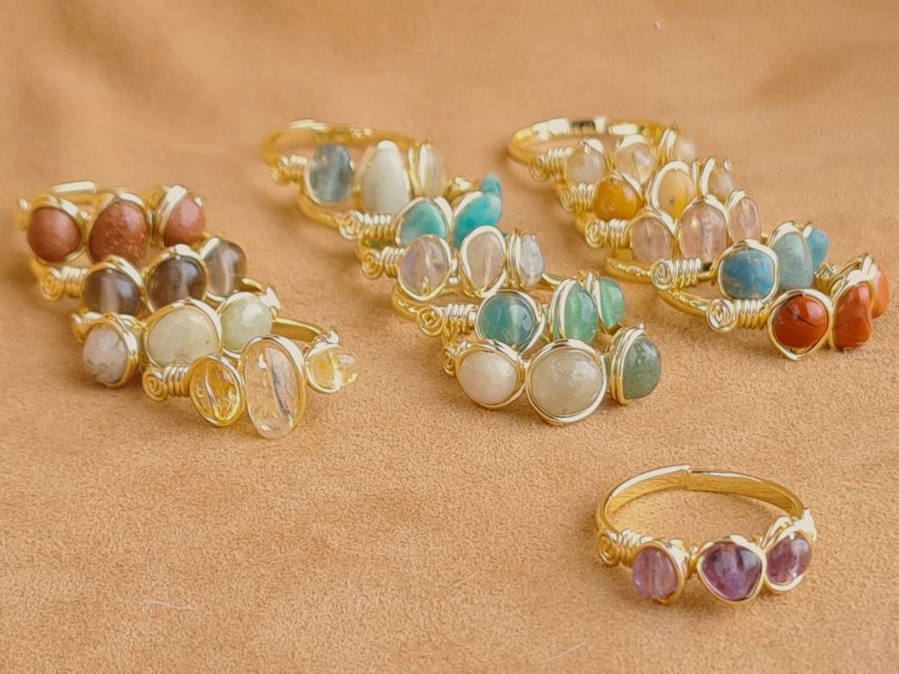 Handcrafted Natural Stone Ring Collection – Gold - Silver Plated Copper R-708