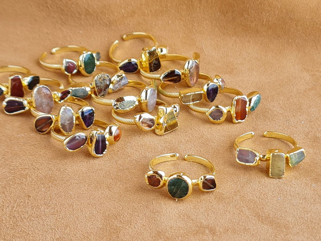 Handcrafted Natural Stone Ring Collection – Gold - Silver Plated Copper R-710