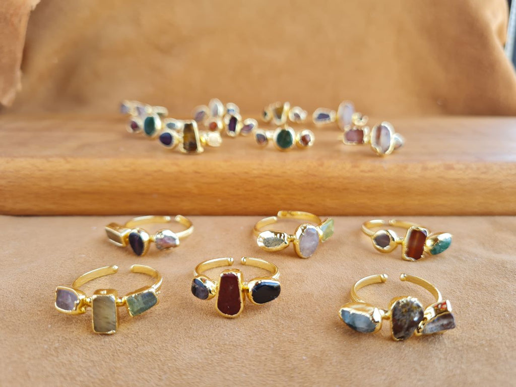 Handcrafted Natural Stone Ring Collection – Gold - Silver Plated Copper R-710