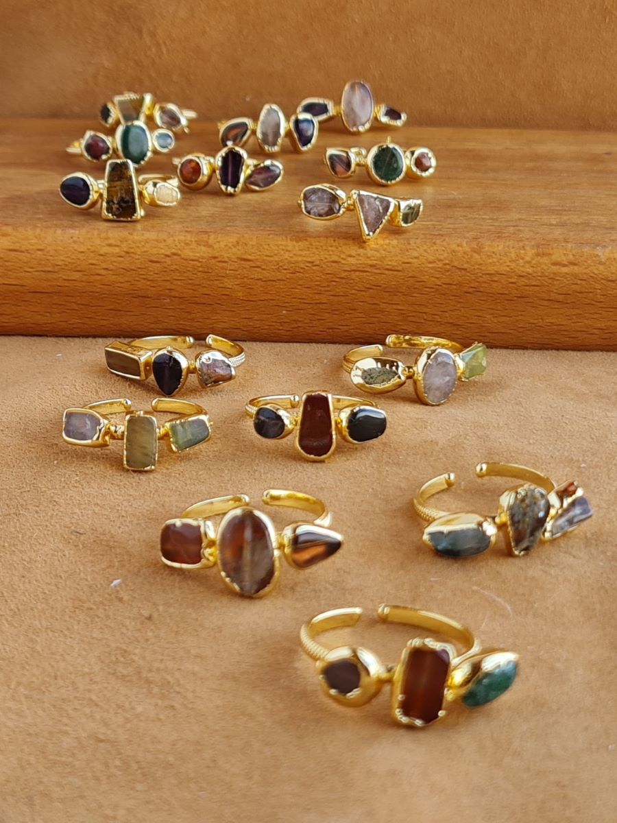 Handcrafted Natural Stone Ring Collection – Gold - Silver Plated Copper R-710
