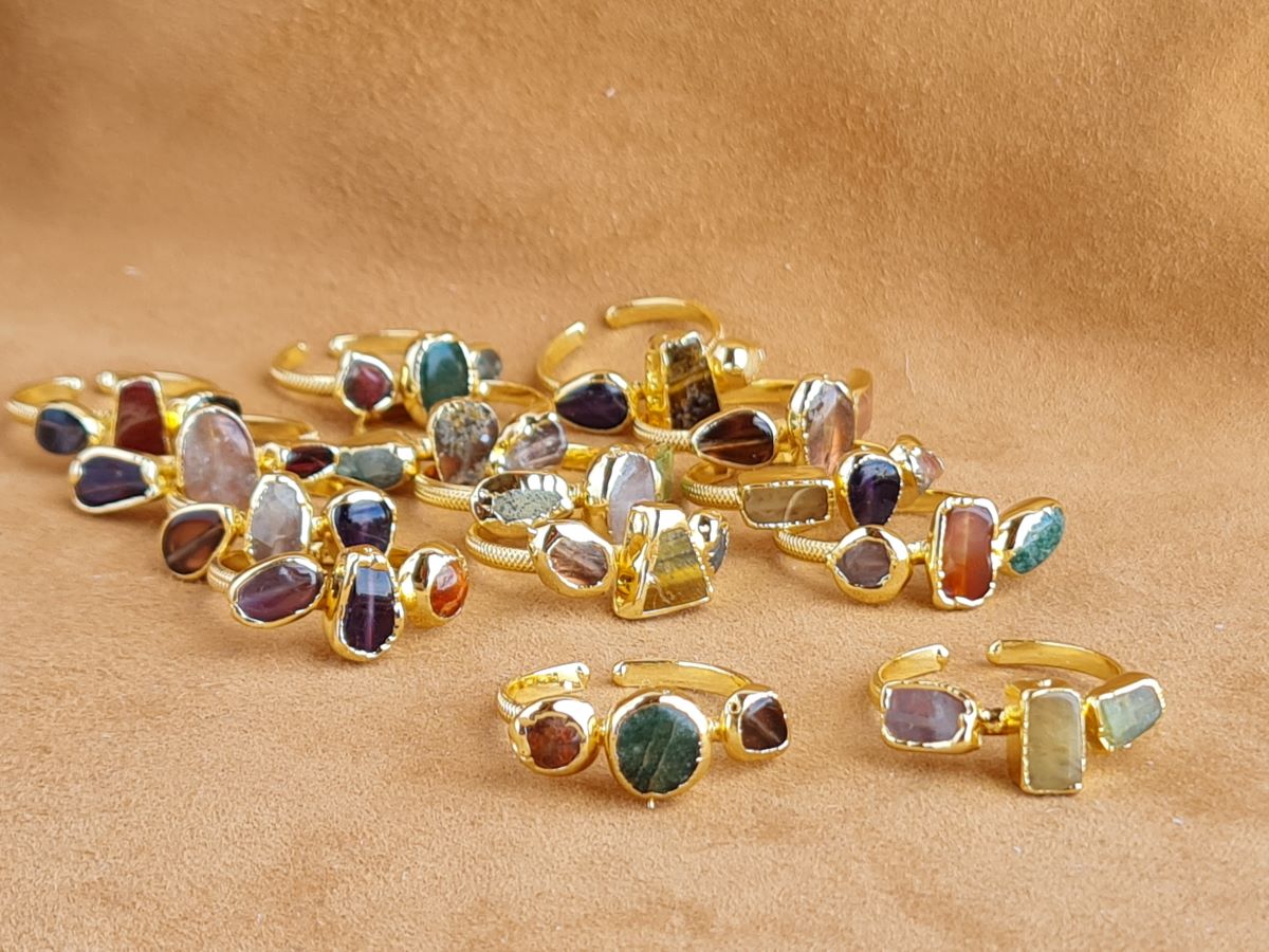 Handcrafted Natural Stone Ring Collection – Gold - Silver Plated Copper R-710