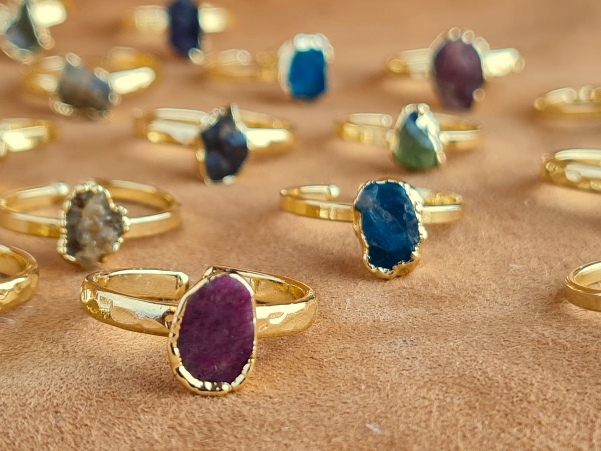 Handcrafted Natural INDIAN AGATE Stone Ring Collection – Gold- Plated Copper