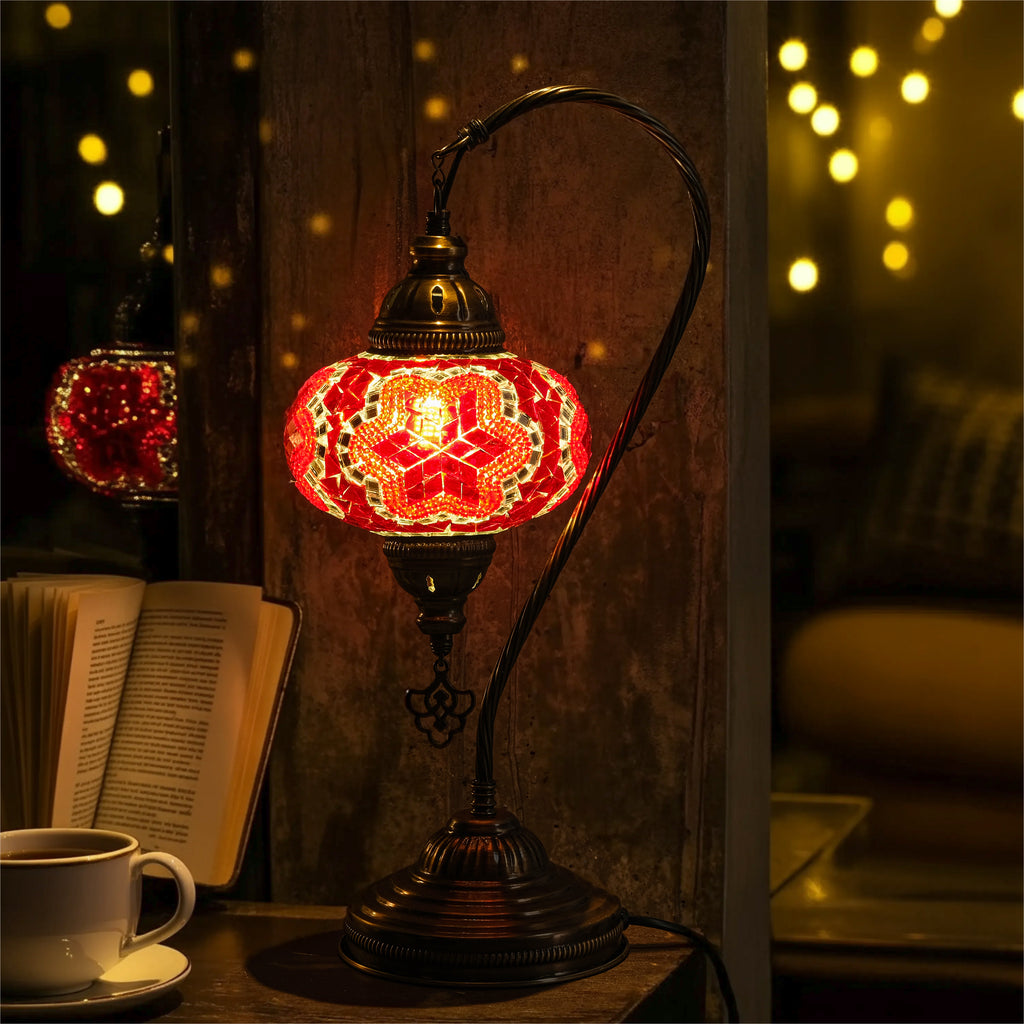 Mozaist Handmade Turkish Mosaic Swan Table Lamp Red