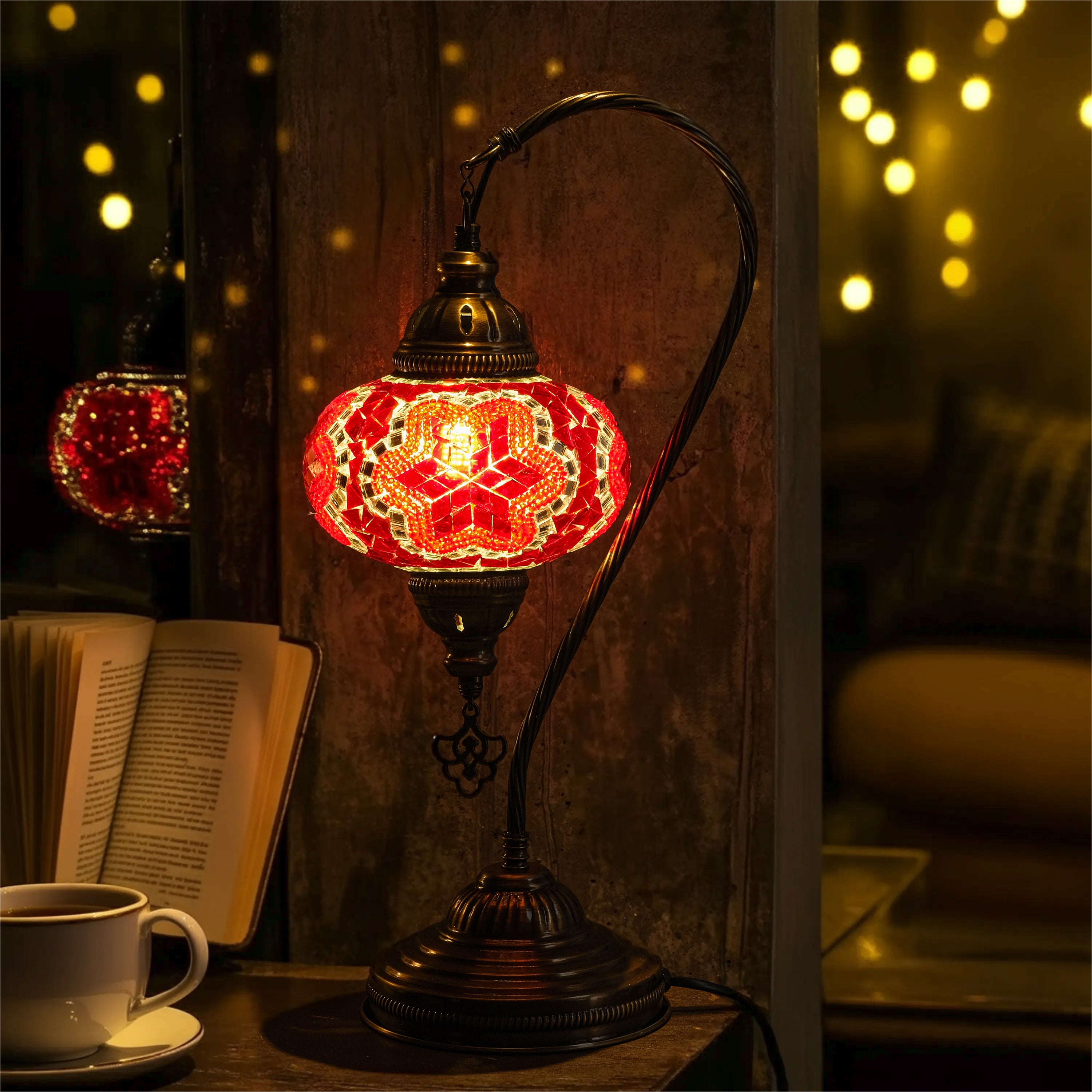 Mozaist Handmade Turkish Mosaic Swan Table Lamp Red