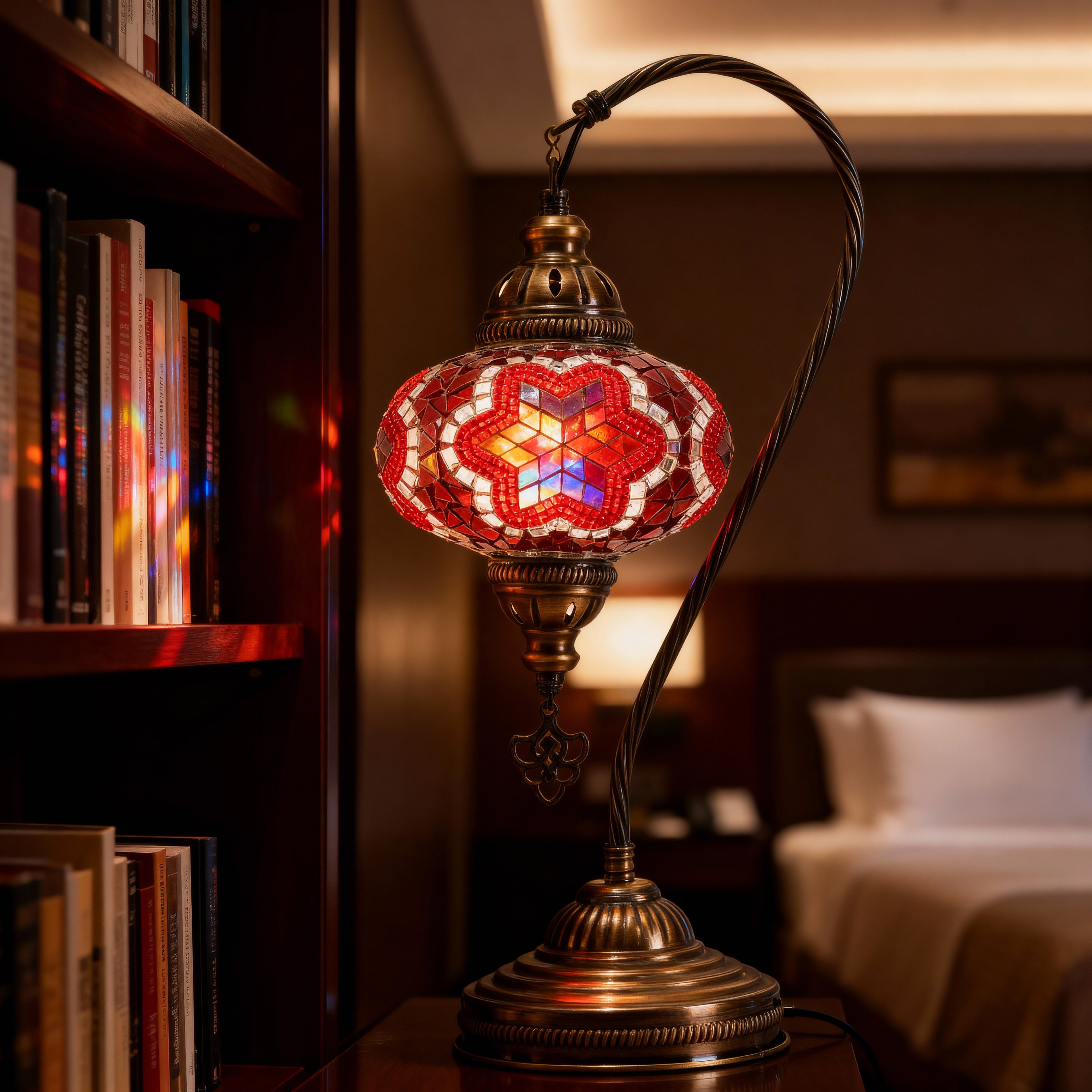 Mozaist Handmade Turkish Mosaic Swan Table Lamp Red