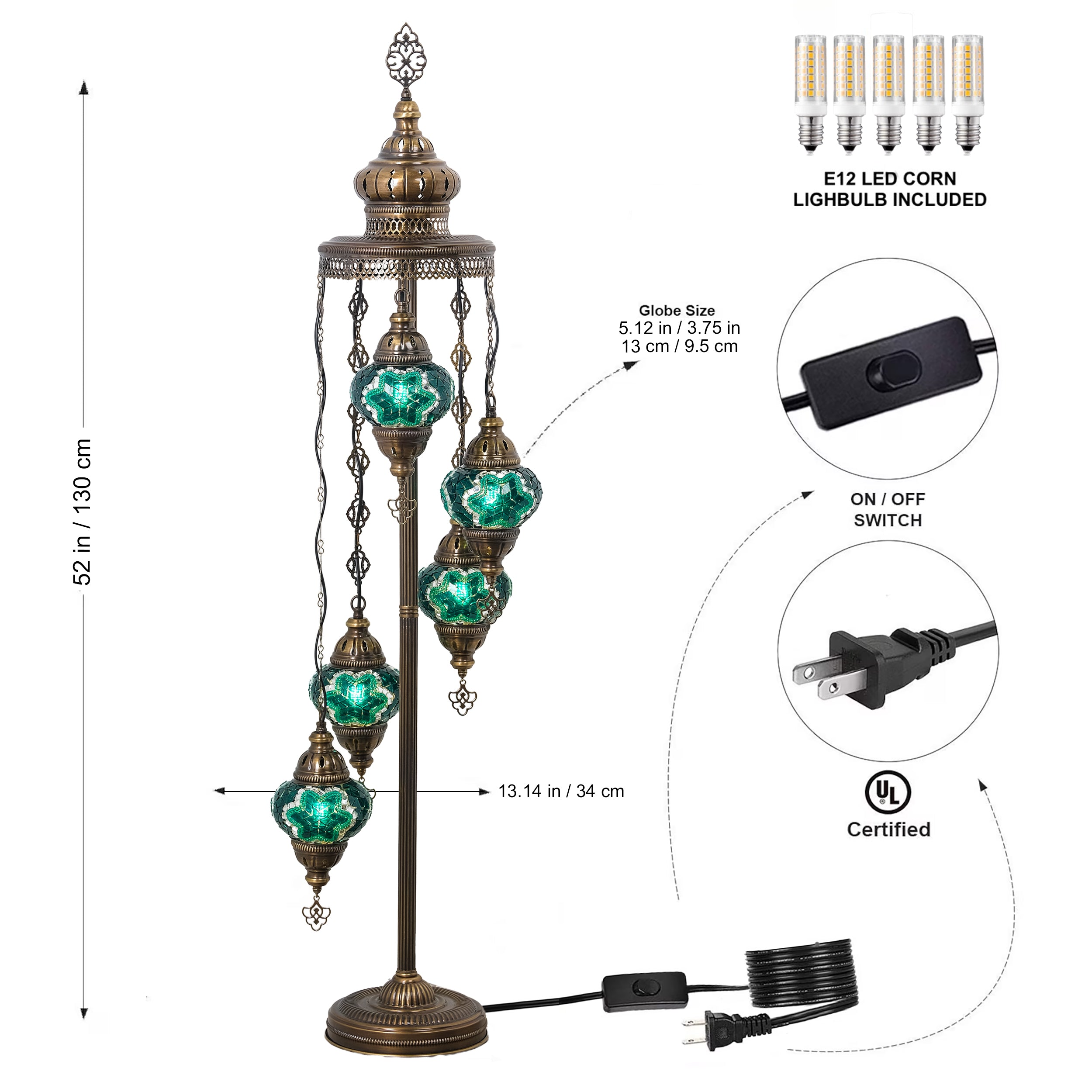 5-Globe Turkish Mosaic Floor Lamp (Green)