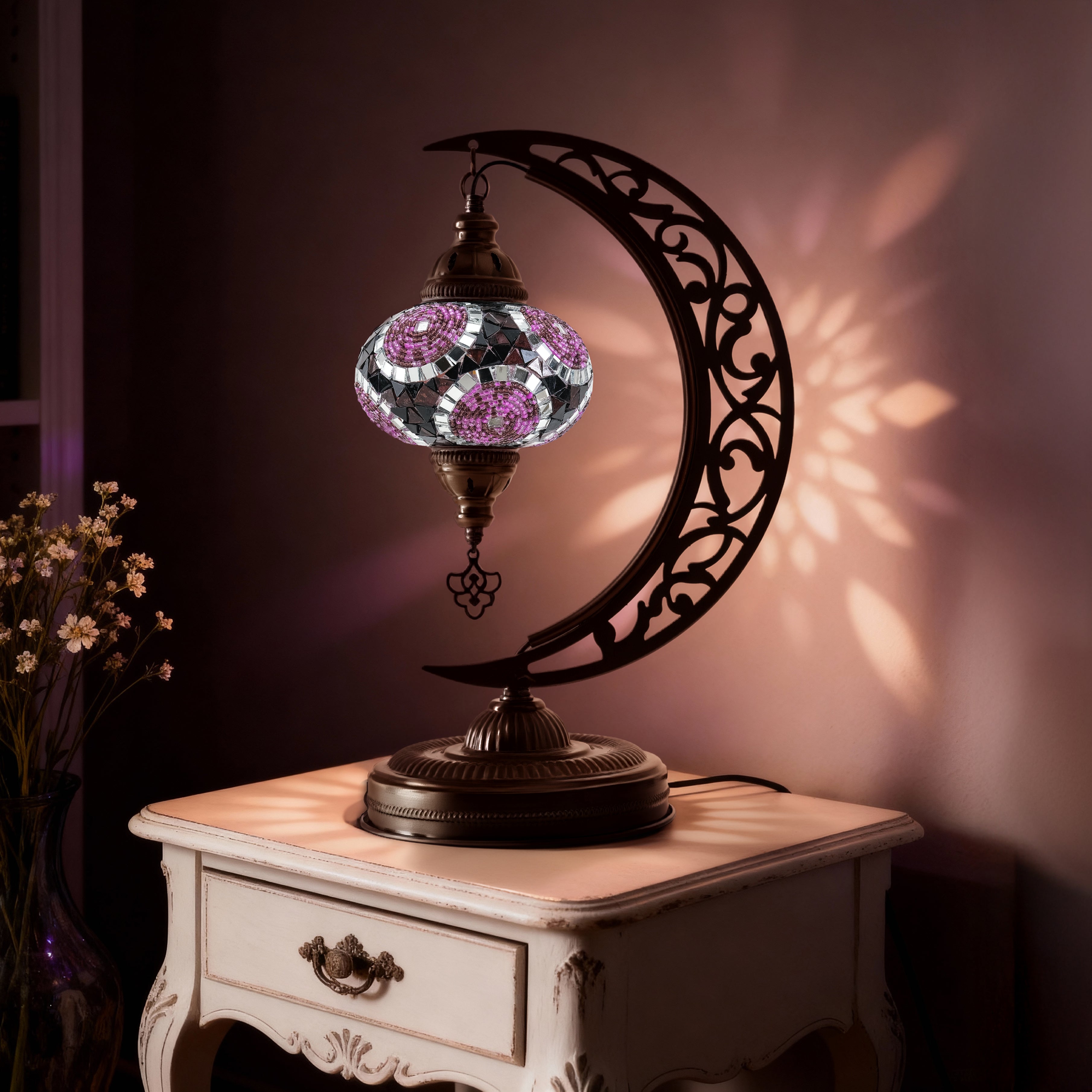 Turkish Mosaic Crescent Table Lamp (Purple)