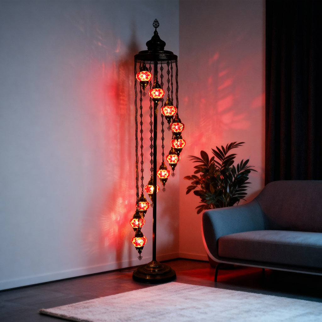 11-Globe Turkish Mosaic Floor Lamp (Red)