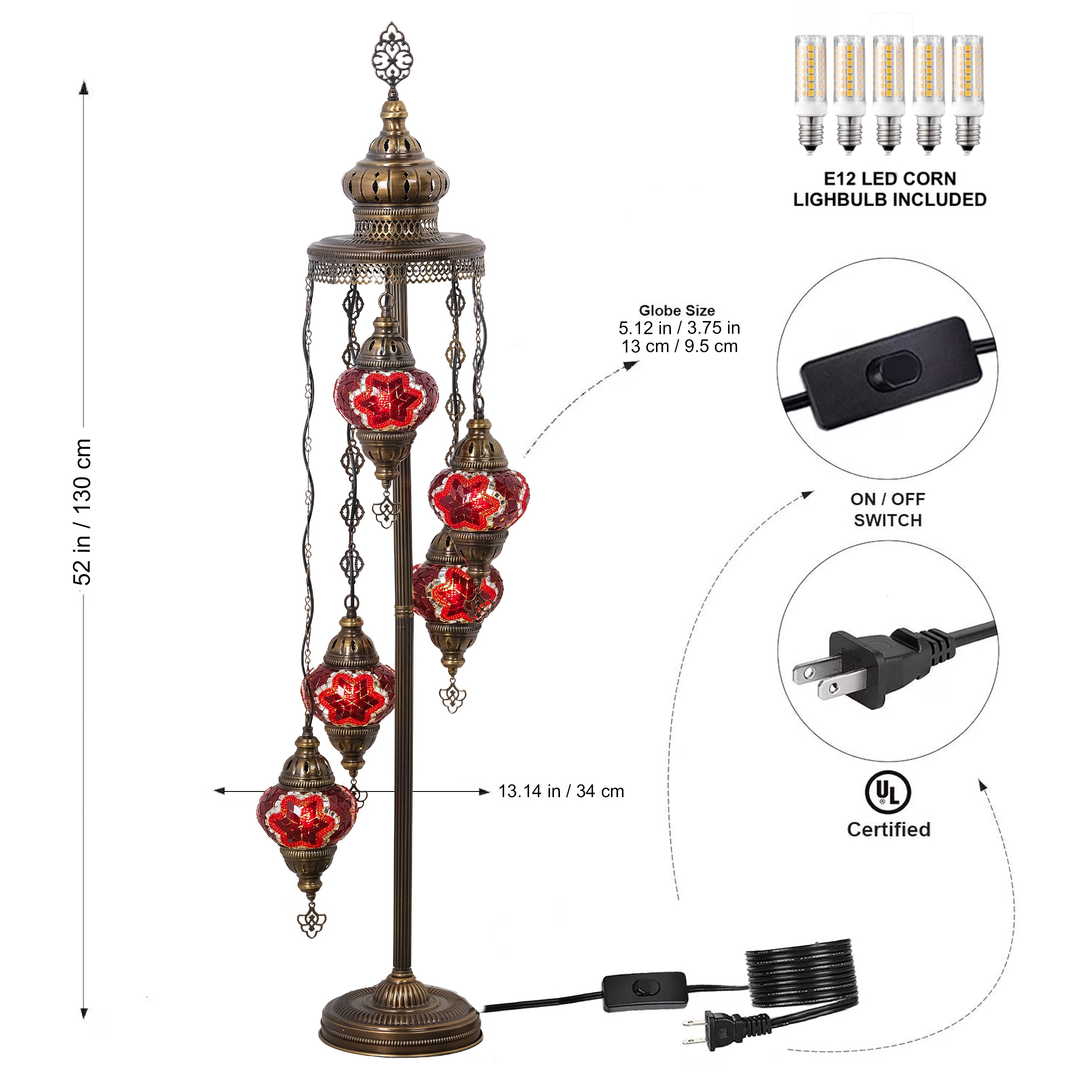 5-Globe Turkish Mosaic Floor Lamp (Red)