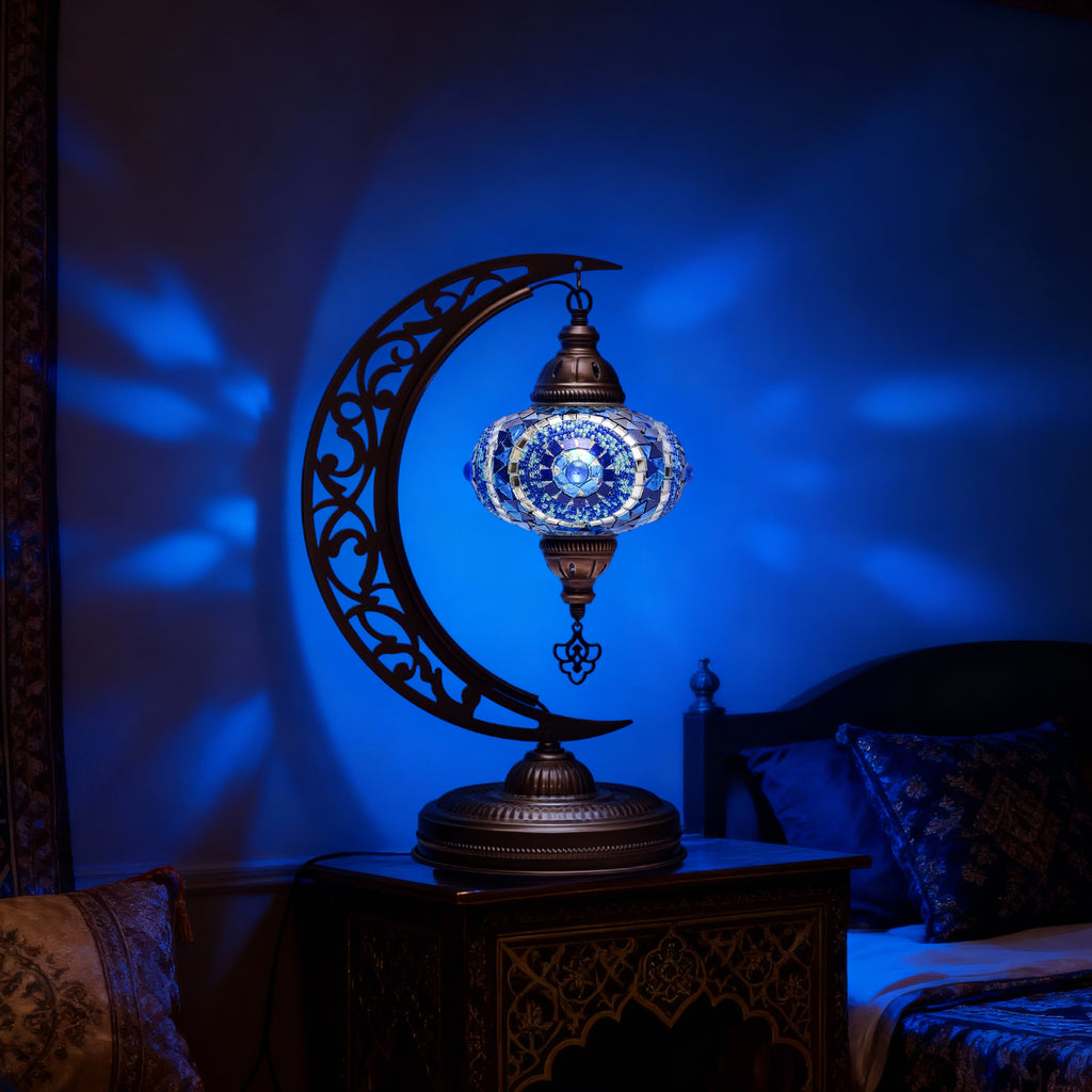 Turkish Mosaic Crescent Table Lamp (Blue)