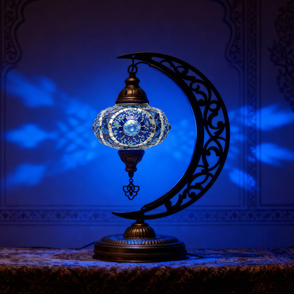 Turkish Mosaic Crescent Table Lamp (Blue)