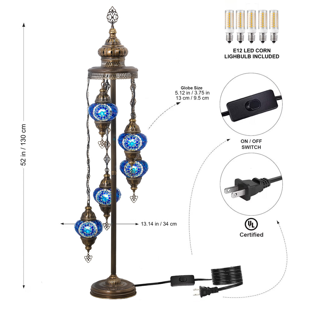 5-Globe Turkish Mosaic Floor Lamp (Blue)