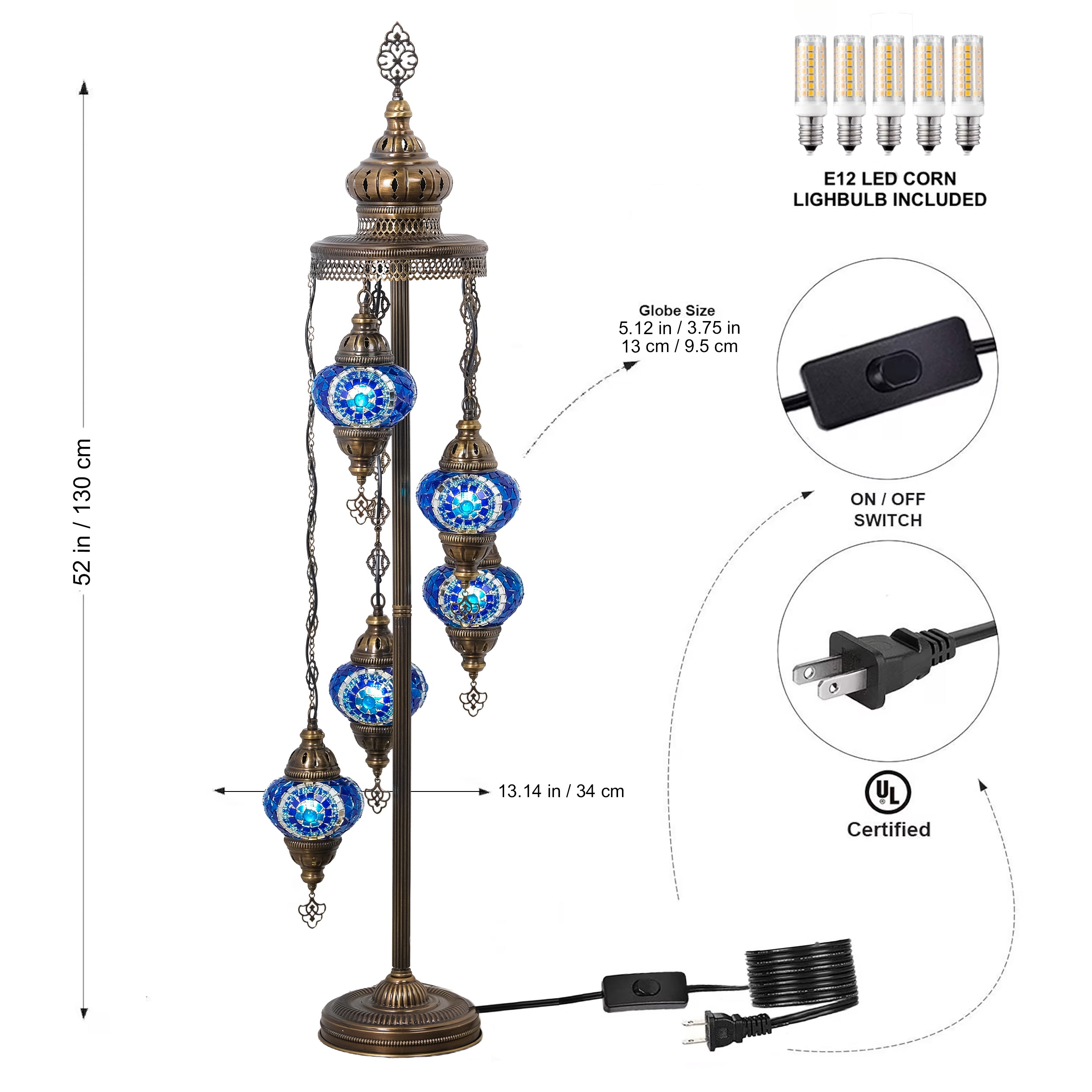 5-Globe Turkish Mosaic Floor Lamp (Blue)