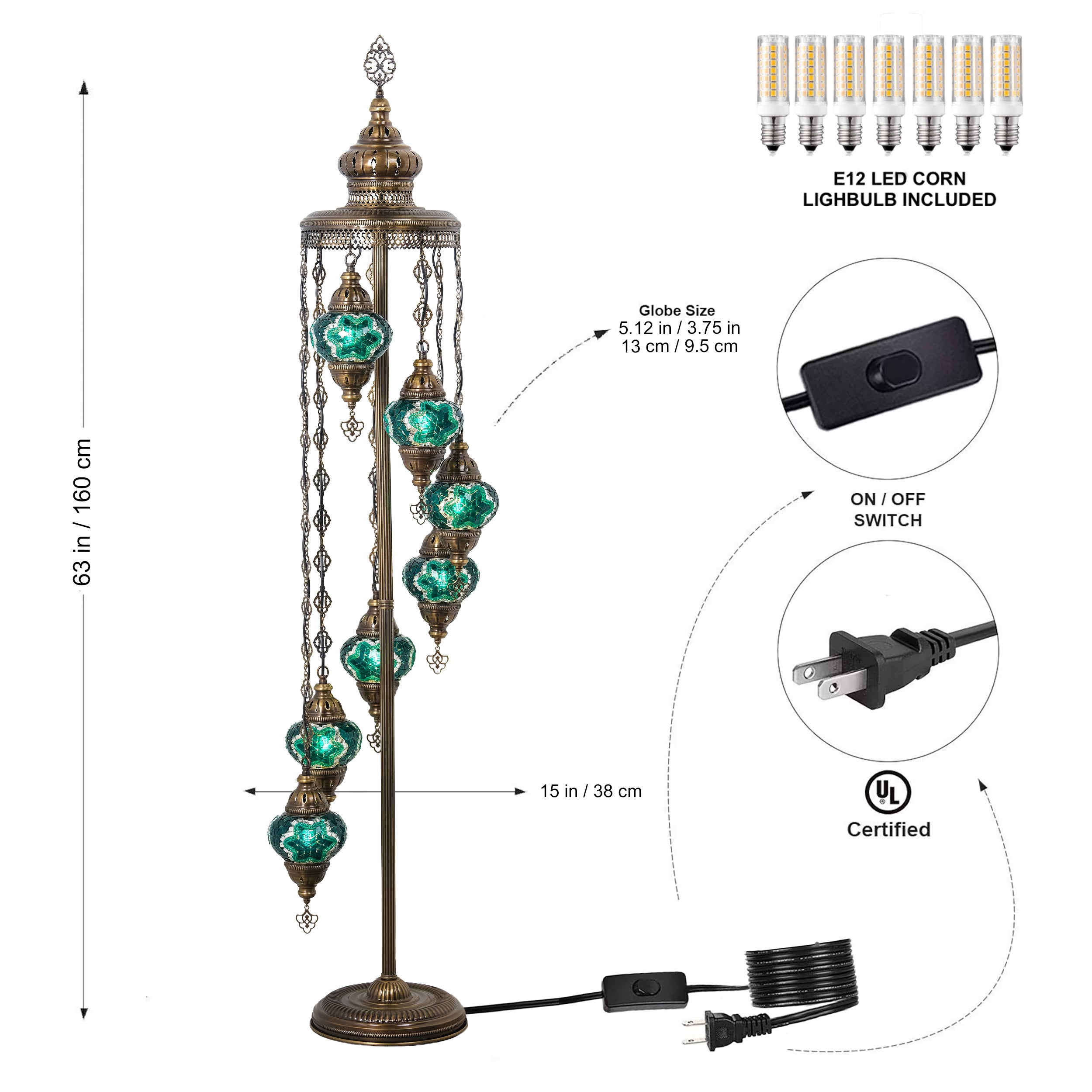 7-Globe Turkish Mosaic Floor Lamp (Green)