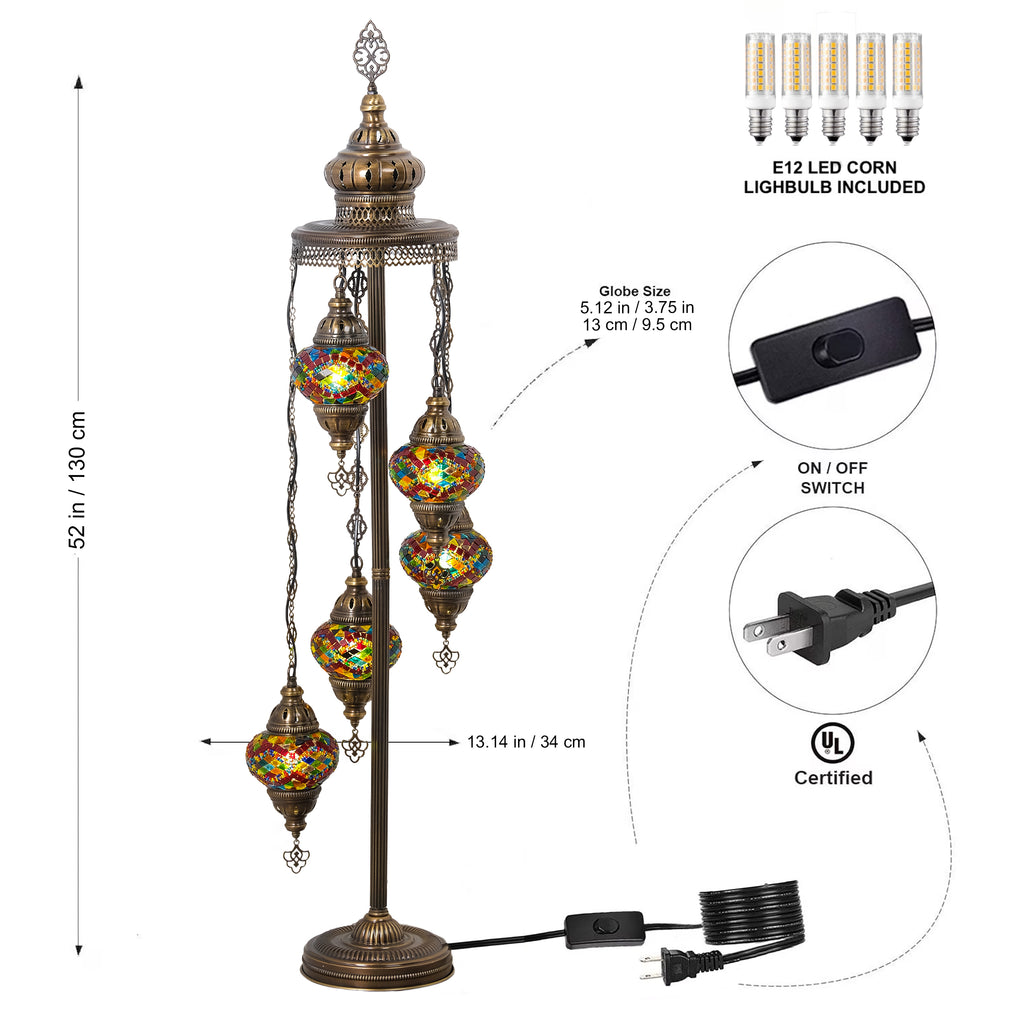 5-Globe Turkish Mosaic Floor Lamp (Rainbow)