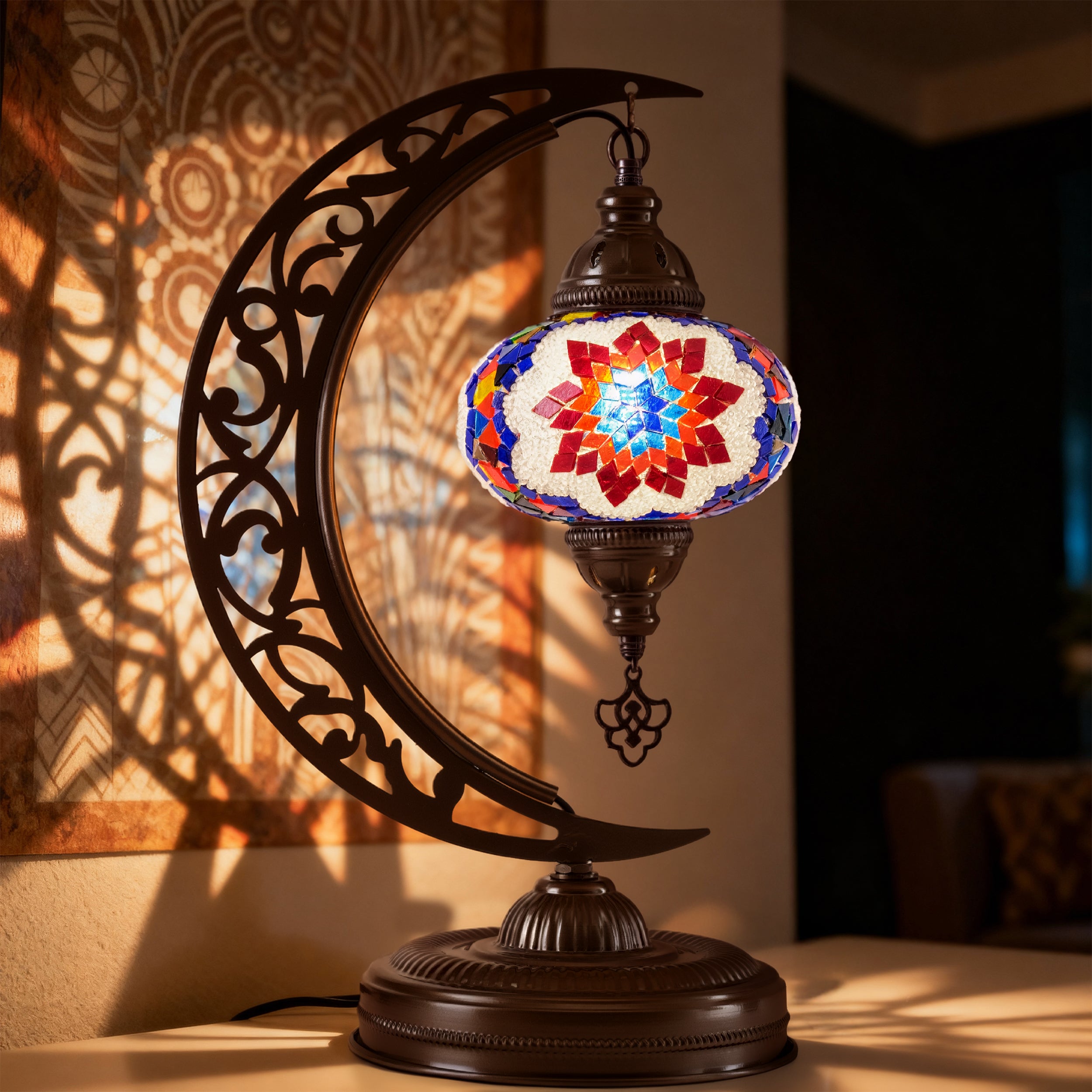 Turkish Mosaic Crescent Table Lamp (Multicolor)