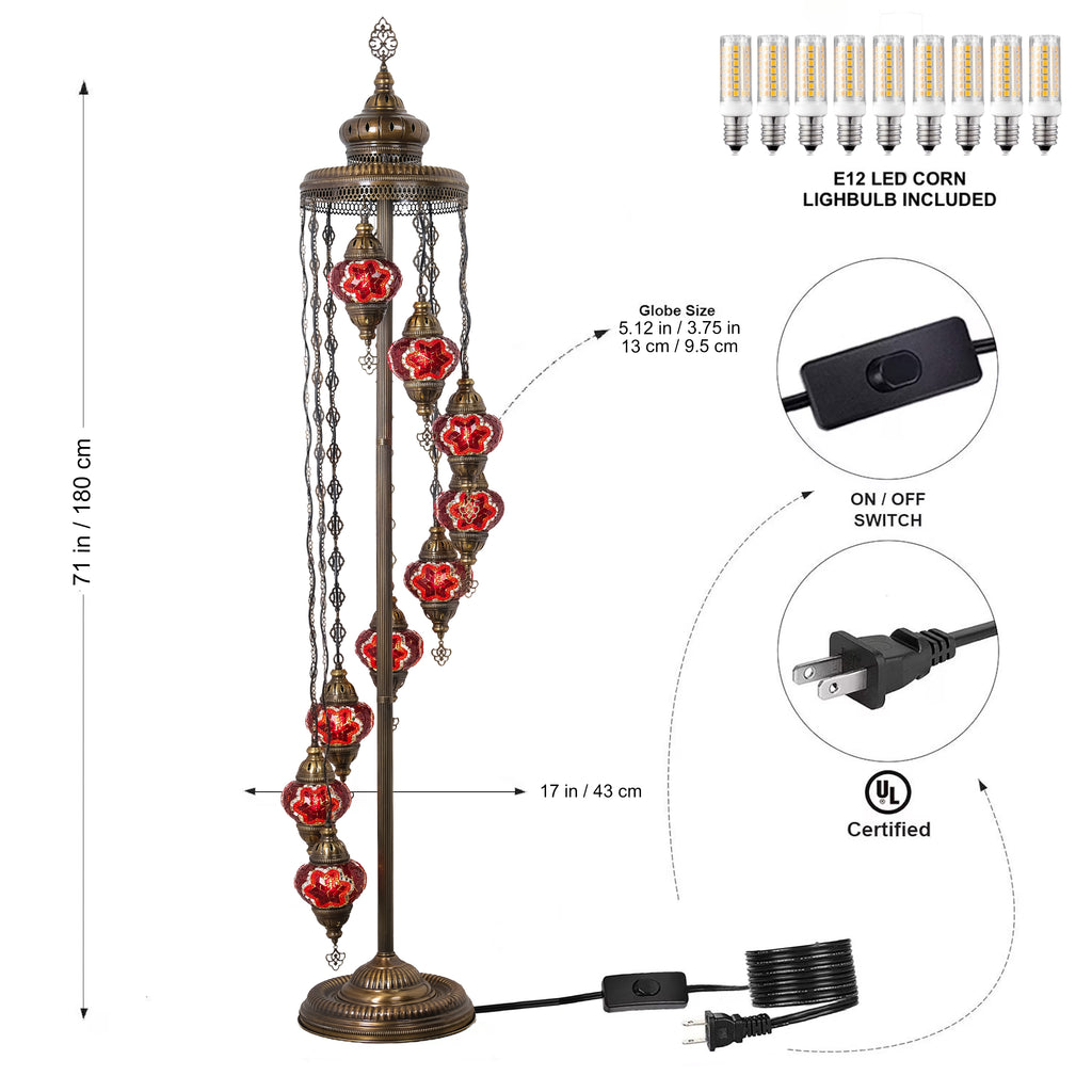 9-Globe Turkish Mosaic Floor Lamp (Red)