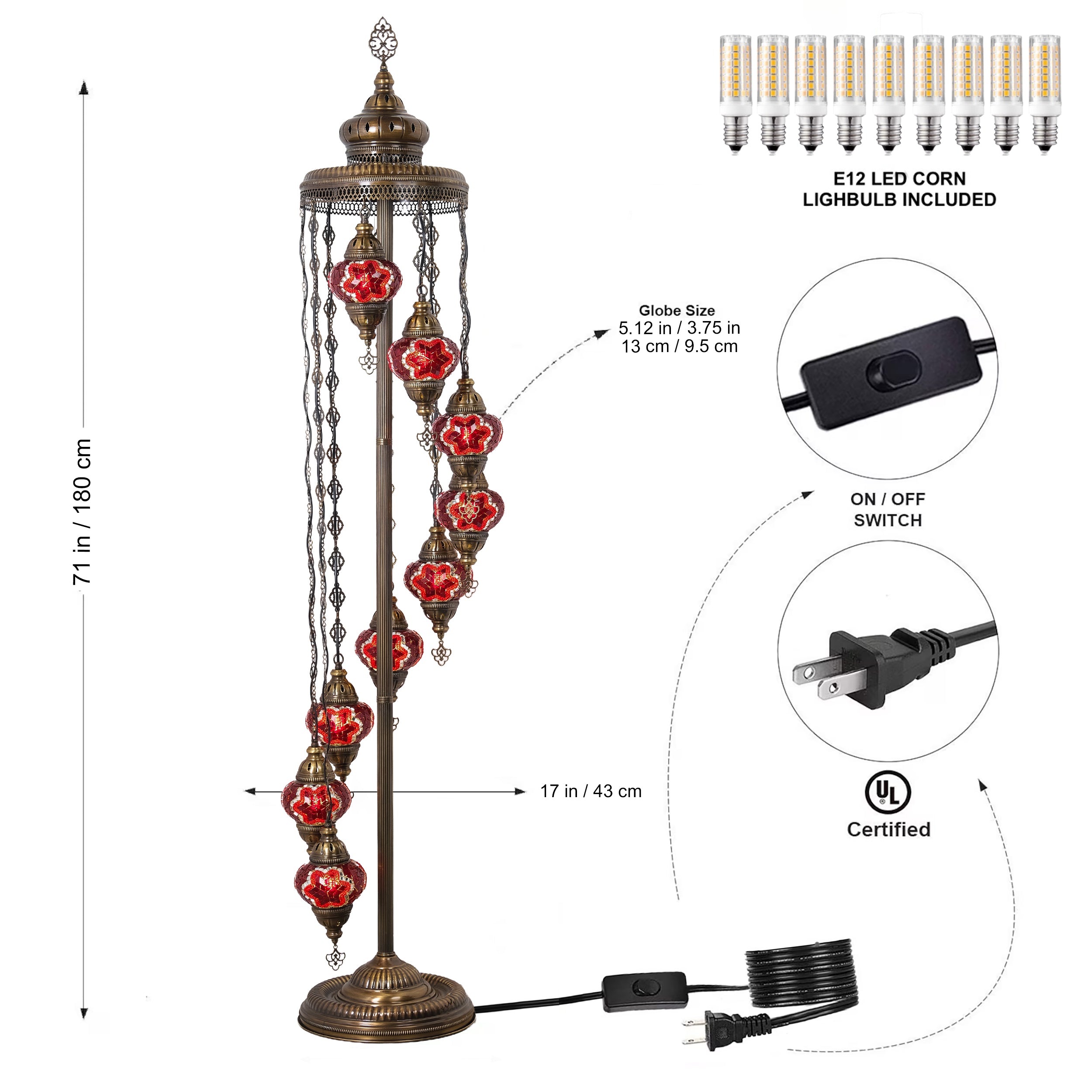 9-Globe Turkish Mosaic Floor Lamp (Red)