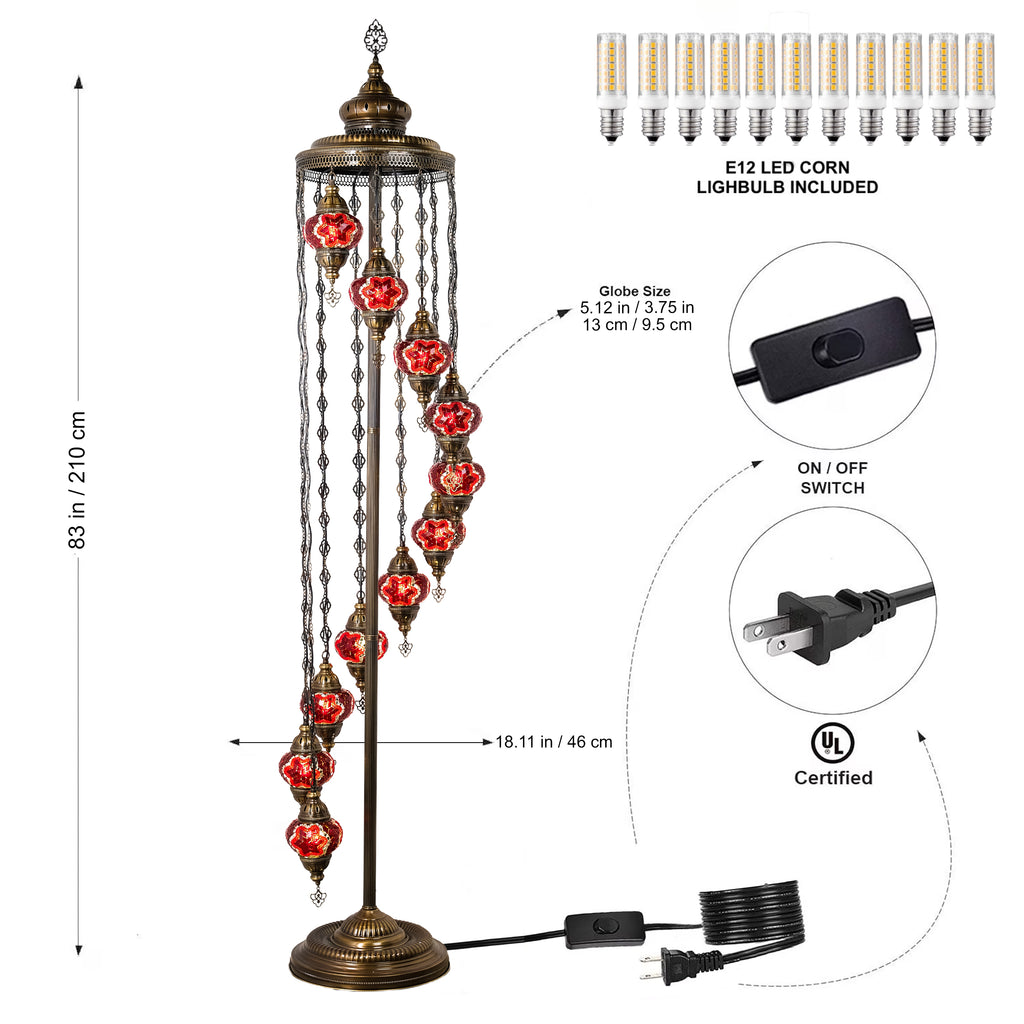 11-Globe Turkish Mosaic Floor Lamp (Red)