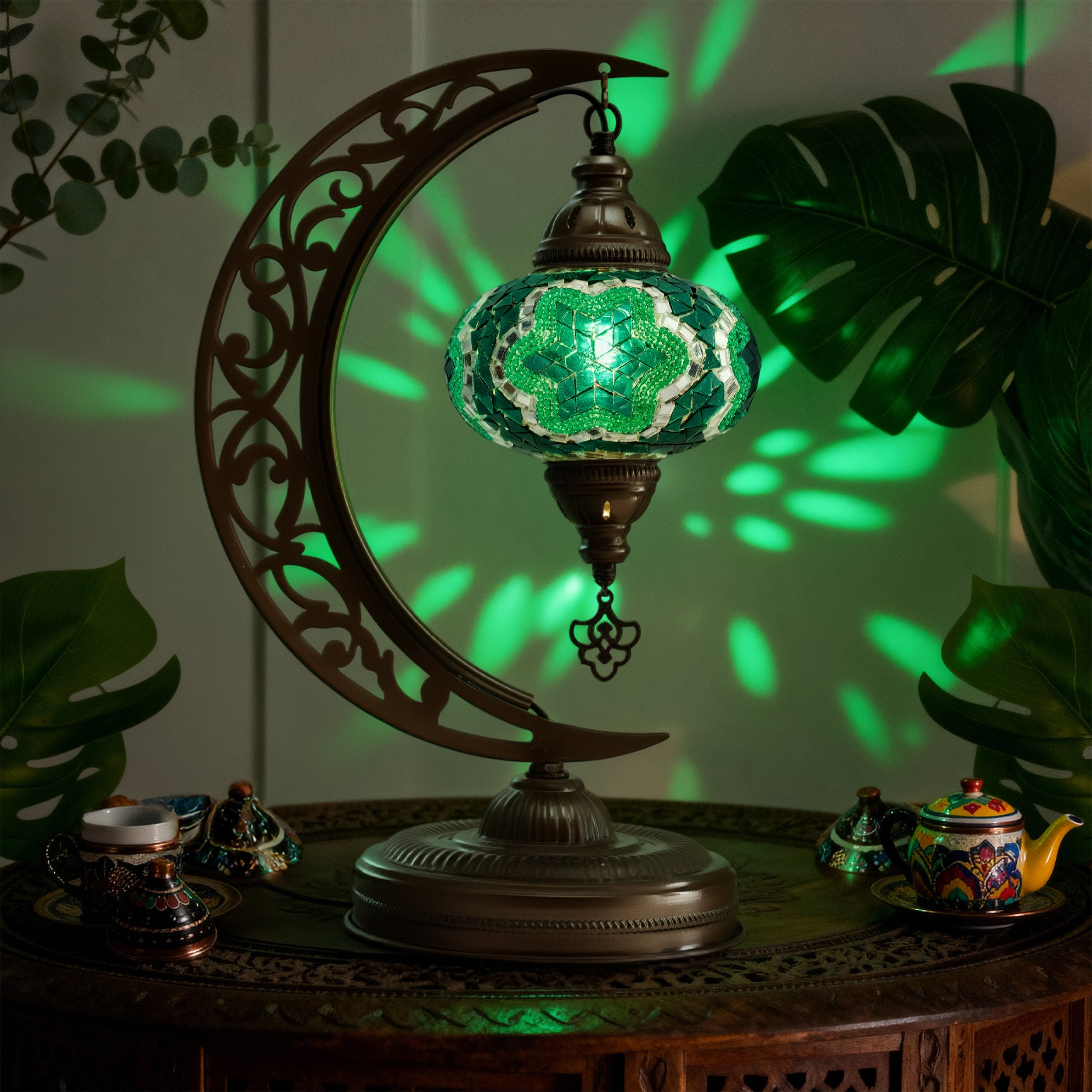 Turkish Mosaic Crescent Table Lamp (Emerald Green)