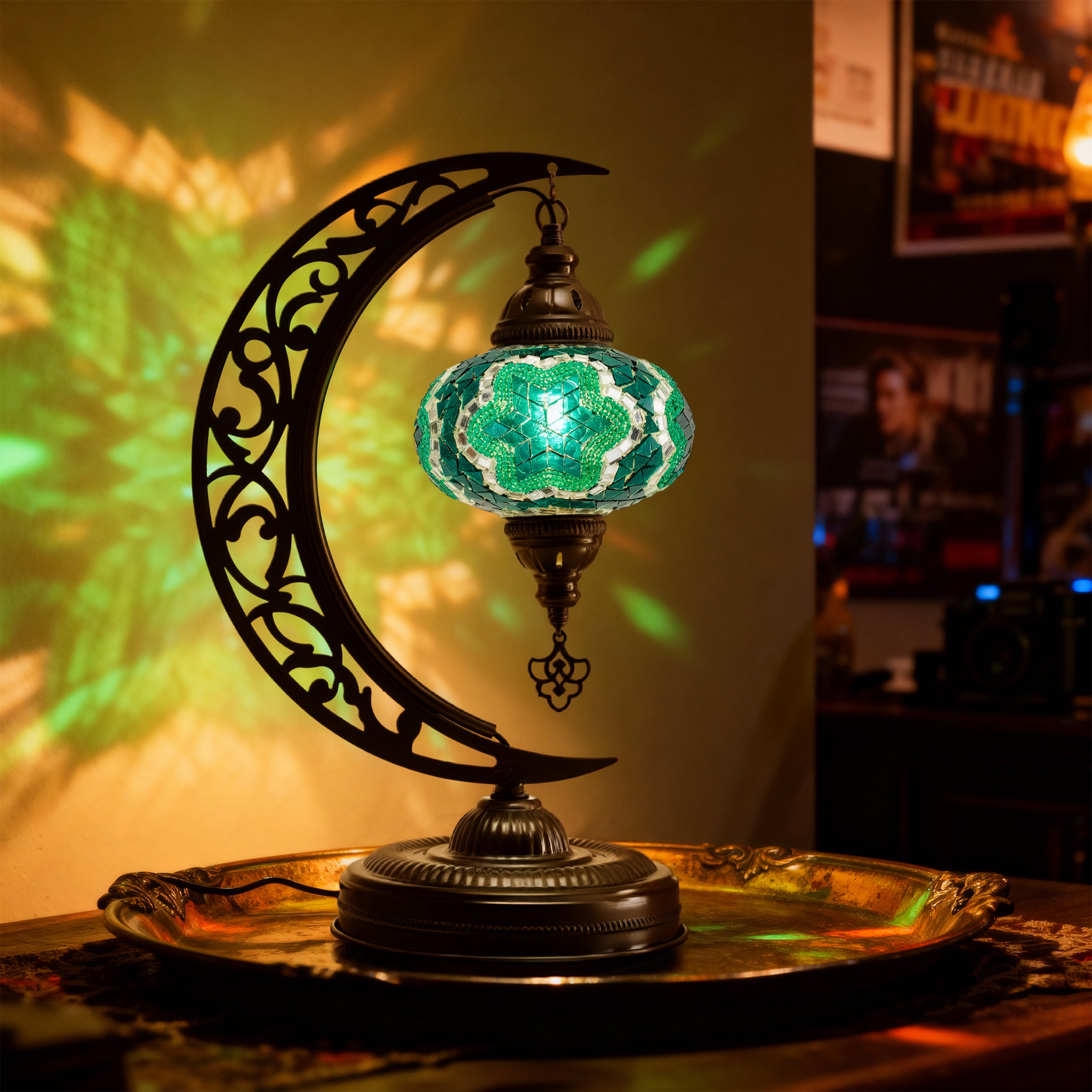 Turkish Mosaic Crescent Table Lamp (Emerald Green)