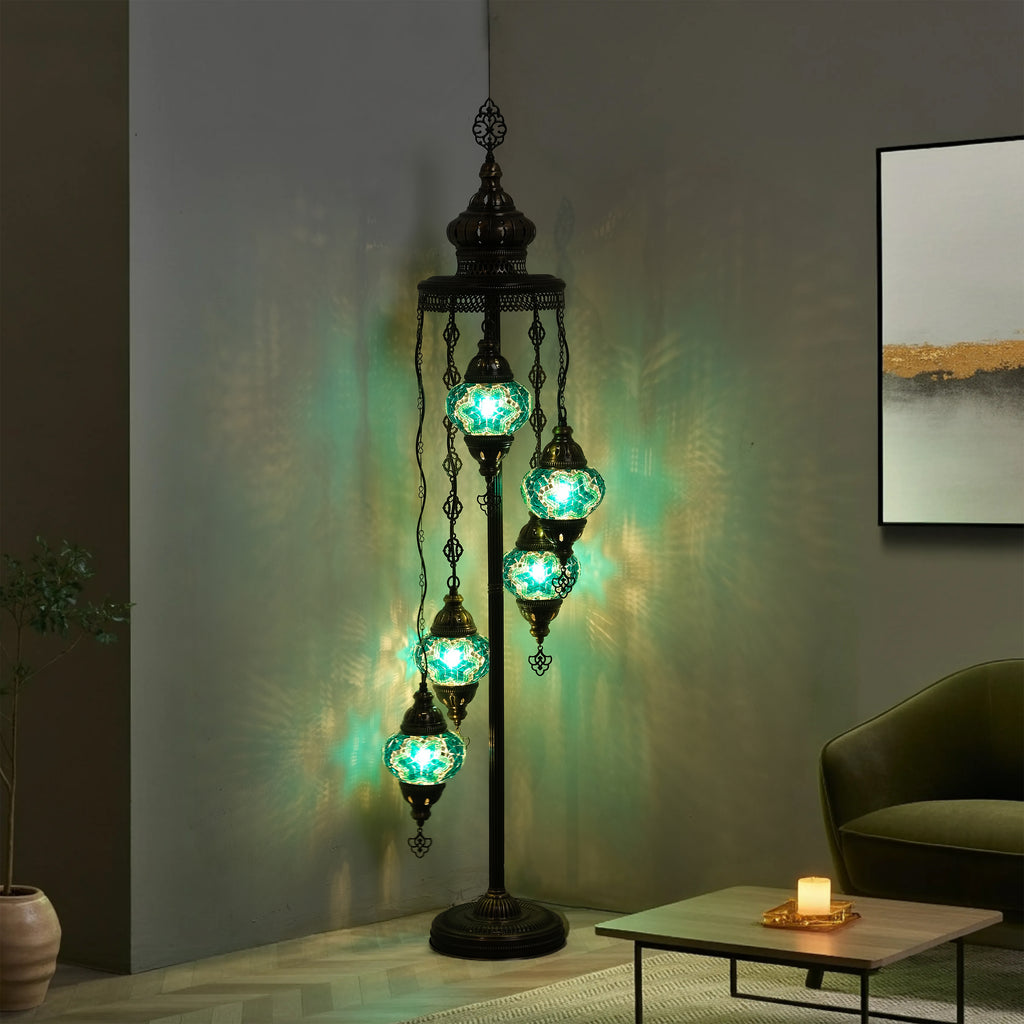 5-Globe Turkish Mosaic Floor Lamp (Green)