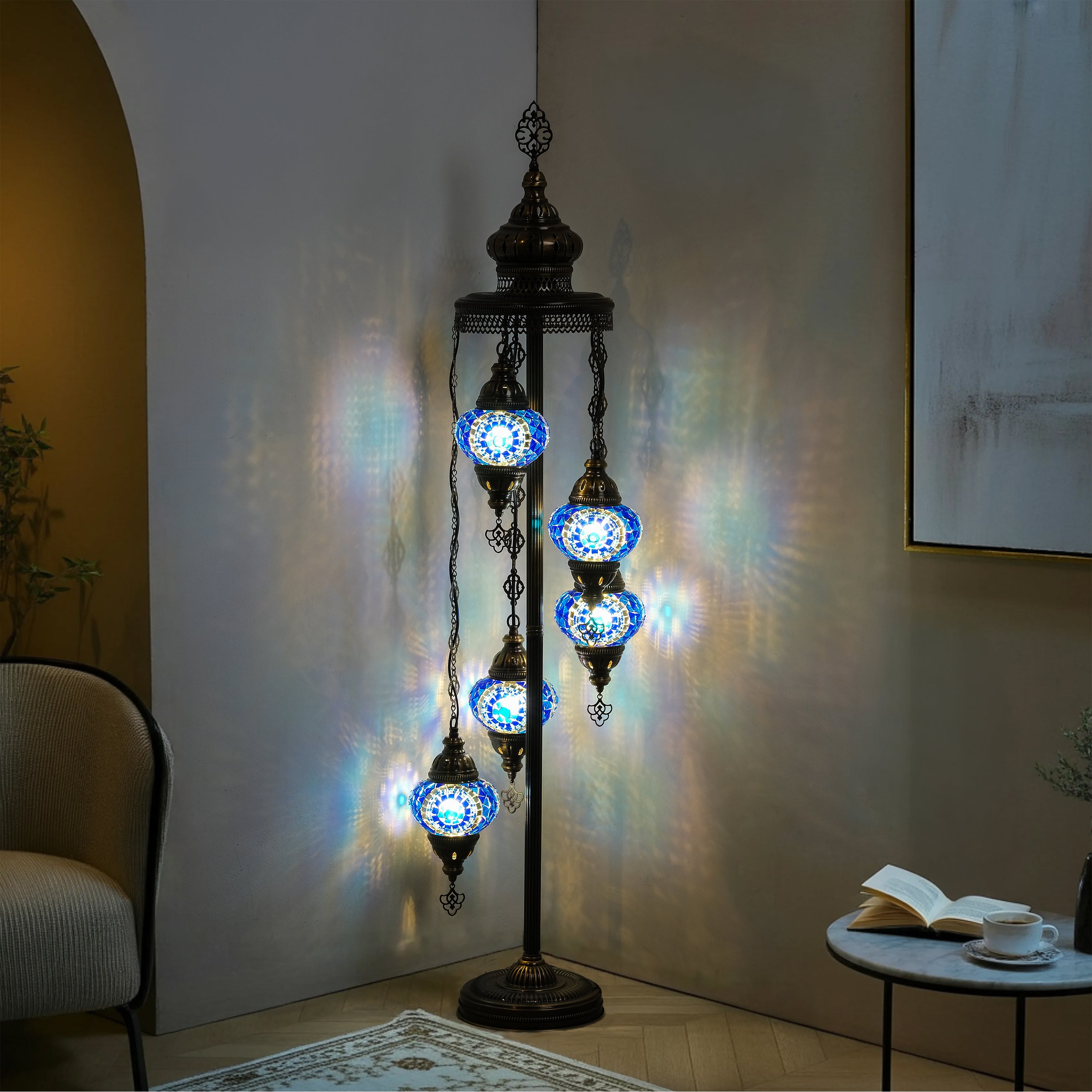 5-Globe Turkish Mosaic Floor Lamp (Blue)