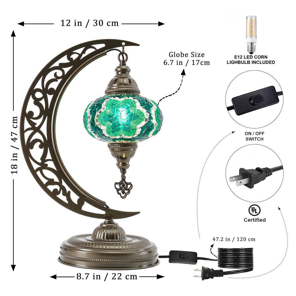 Turkish Mosaic Crescent Table Lamp (Emerald Green)
