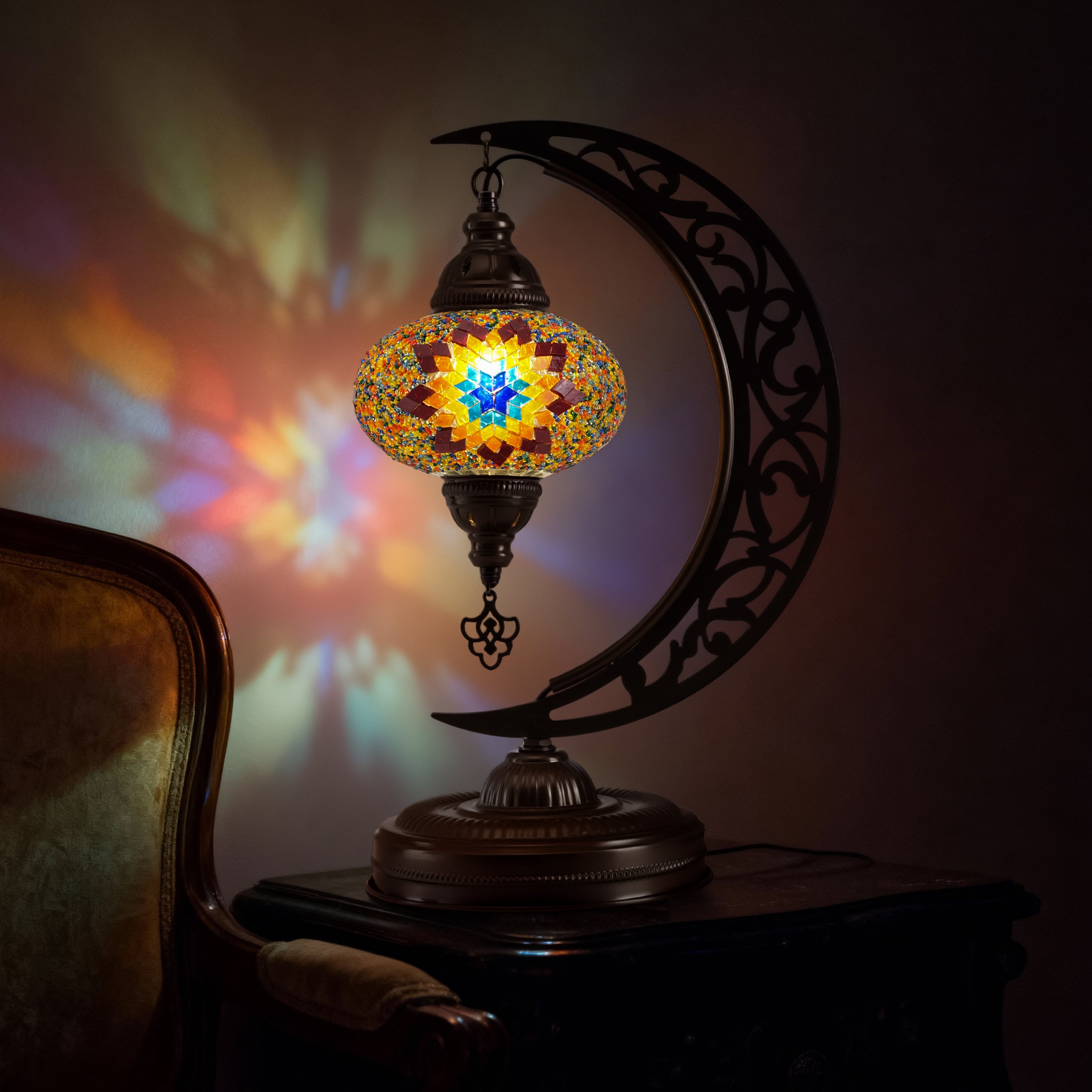 Turkish Mosaic Crescent Table Lamp (Fire Design)
