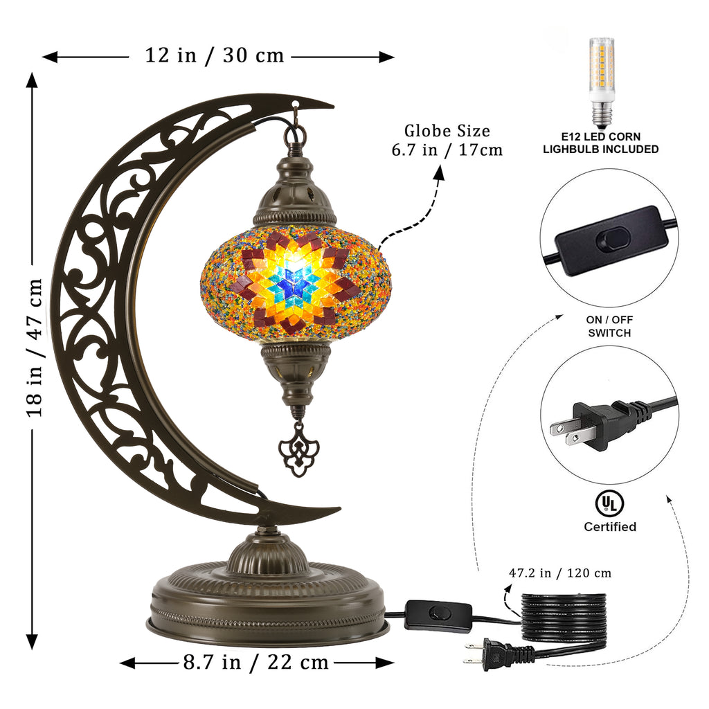 Turkish Mosaic Crescent Table Lamp (Fire Design)